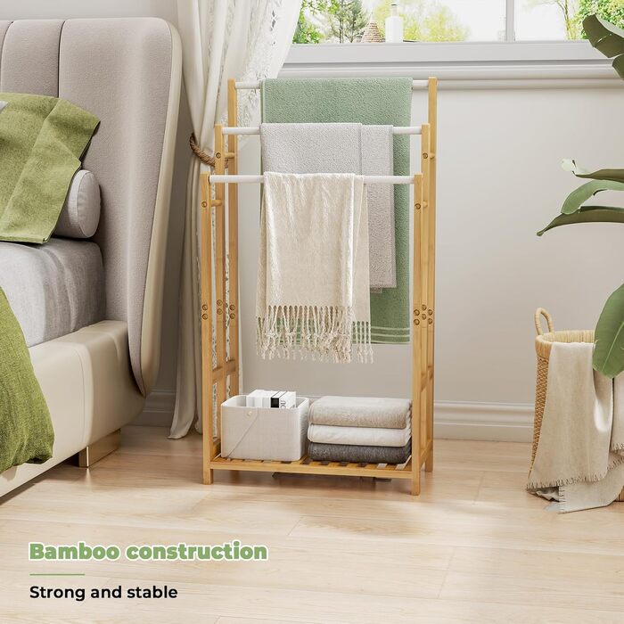 Підставка для рушників Dripex з бамбука, 96 см, з 3 нержавіючими стійками та полицею для ванної кімнати