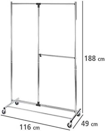 WENKO Clothes Rack, Folding, Clothes Storage with Adjustable Clothes Rail and Wheels, Plastic/Metal, 88 x 100-168 x 11-49 cm, Chrome/Grey (188 x 49 x 116 cm)