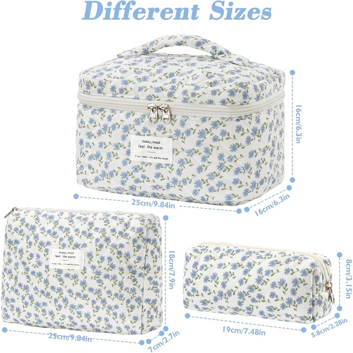 Набір косметичок 3 шт. з квітковим візерунком, дорожні та повсякденні | Косметичка для макіяжу для жінок та дівчат (Блакитний Павич)