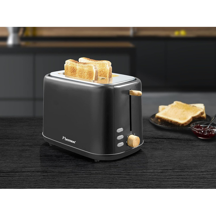 Тостер Bestron Satin Collection: 2 камери, 7 рівнів підсмажування, крихтозбірник, підставка для тостів, 1000 Вт, чорний/дерево