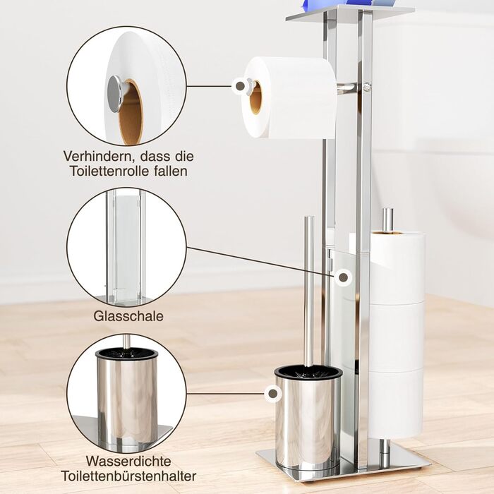Stainless Steel Toilet Paper Holder with Brush & Shelf - Freestanding Toilet Roll Dispenser with Cover & Tray (Silver)