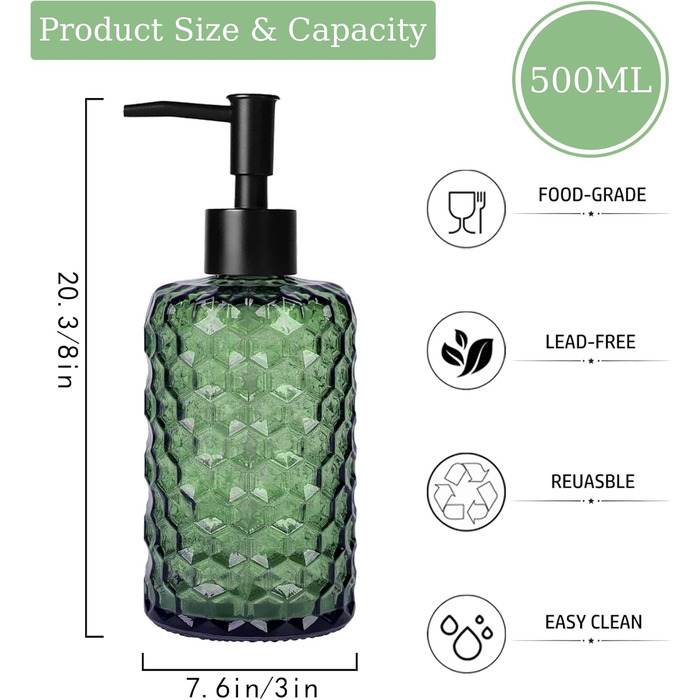 Скляний дозатор для мила 500 мл з хвильовим дизайном для ванної кімнати та кухні, з чорною пластиковою помпою, дерев'яними етикетками та воронкою (вугільний колір, зелений)