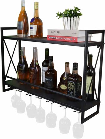 Industrial Wall Wine Racks with Glass Holder, 31.5 Inch Rustic Metal Multi-Purpose Shelves, 2-Tier Wall Mount Hanging Shelf, Wine Rack, Wine Accessories, Bottle Holder, Glass Shelf, Wall Shelf