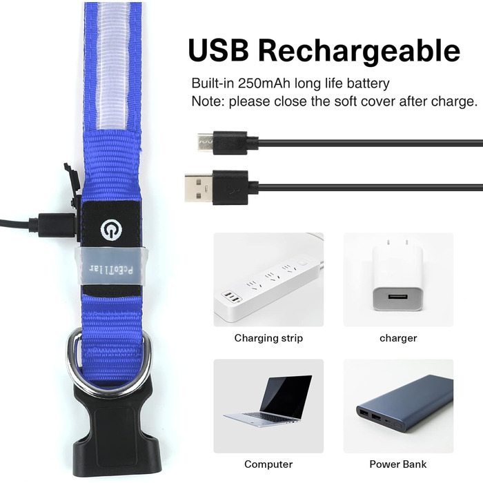 Світлодіодне нашийник для собак Leuchthalsband PcEoTllar, водонепроникний, 7 кольорів, регульований, для маленьких та великих собак, 8 режимів, синій, L (48-60 см)