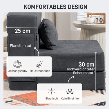 HOMCOM 3-in-1 Sleeper Chair, Foldable Sleeper Sofa with Bed Function, Lumbar Pillow, Reclining Chair with Flannel Look, Chaise Lounge for Living Room, Dark Grey | Aosom
