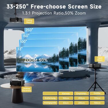 Проектор SCREENMAX для дому та вулиці, 1080P, WiFi 6, Bluetooth 5.3, 50% Zoom, HDMI/AV/Laptop/iPhone, Чорний