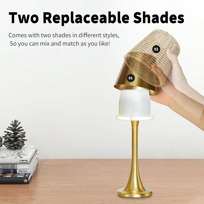 Зовнішня LED-лампа Mr. White: вологостійка, акумуляторна, з регулюванням яскравості, торкання, з абажуром з ротангу (золота)