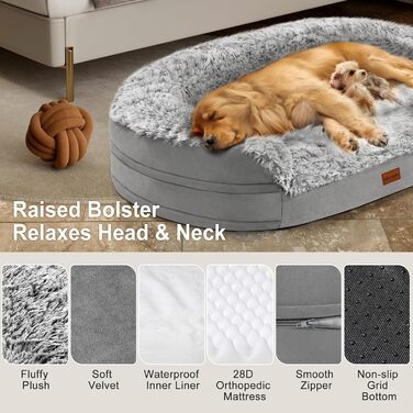 Gimars 9.5 inch Orthopedic Dog Bed for Extra Large Dogs, XL Dog Bed with Bolster & 28D Egg Crate Mattress, Waterproof Cover, Washable Plush Cover, Dog Sofa for Arthritic Dogs - Half Round