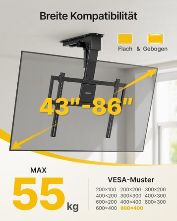 Електричний стельовий кронштейн для ТБ monTEK (43-86 дюймів), до 55 кг, VESA 600x400, з дистанційним керуванням, додатком та голосовим управлінням, складаний