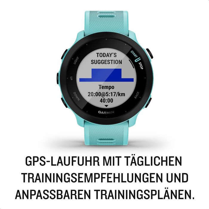 Garmin Forerunner 55 – GPS-годинник для бігу з кольоровим дисплеєм, що завжди активний, щоденними рекомендаціями тренувань, прогнозом часу пробіжки, спортивними функціями та до 14 днів роботи від акумулятора (Блакитний, Single)