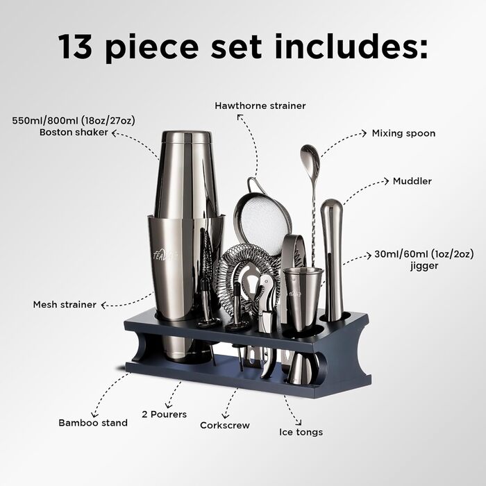 Набір бармена для приготування коктейлів Black Boston 13 шт. з японським джиглером та стійкою, з нержавіючої сталі