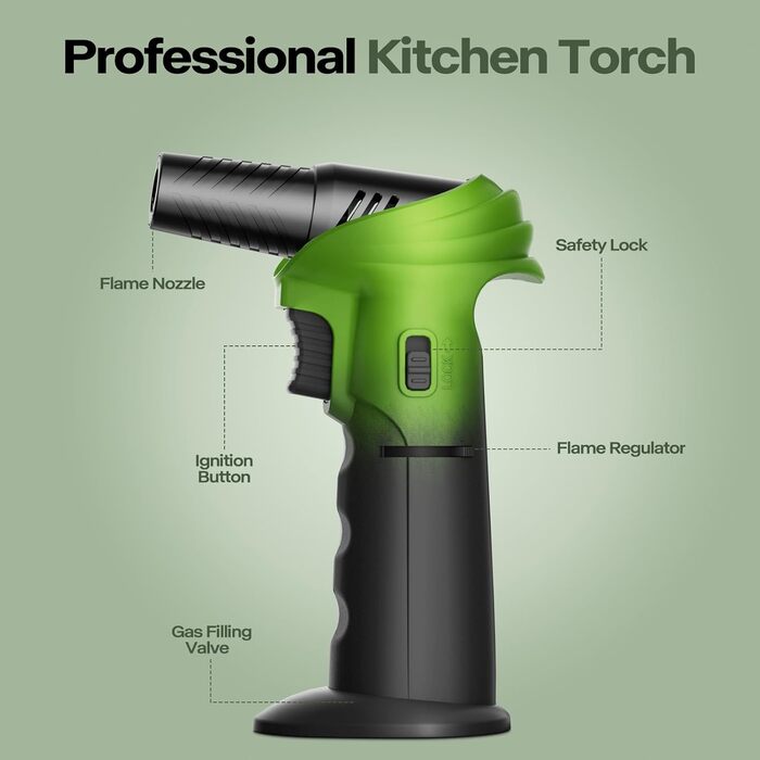 Бутанова запальничка-лампа Flambierbrenner: регульована, поворотна, для паяння, з безпечним закриттям (зелена/чорна)