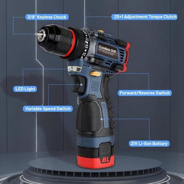 Акумуляторний дриль-шуруповерт з безщітковим двигуном 16.8V - 2000mAh, 60 Нм, 23+1 ступінь, LED світло