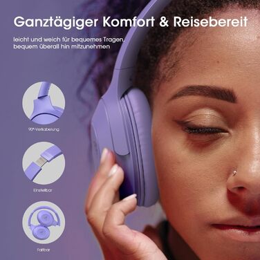 Бездротові навушники DOQAUS Bluetooth з довгим терміном служби (70 годин), Over-Ear, Bluetooth 5.4, з кабелем, 3 режими EQ, Hi-Fi стерео для подорожей/телефону/ПК (фіолетові)