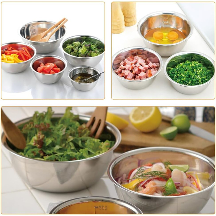 Набір з 5 чаш для перемішування GLEAVI з нержавіючої сталі: салатники, чаші для випічки, кухонні чаші для змішування та подачі, для збивання яєць