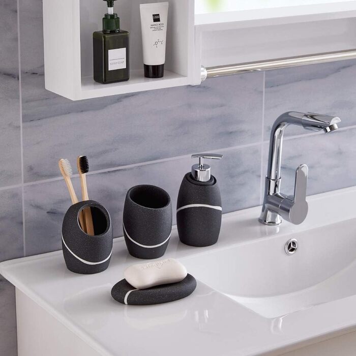 ZCCZ Bathroom Set – 4-Piece Organizer Set with Toothbrush Holder, Soap Dispenser, Cosmetic Dish, and Cotton Swabs – Elegant Stone-Look Decor, Black for Modern Bathroom