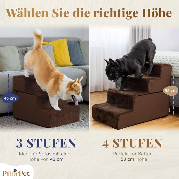 Сходинки для собак на ліжко та диван - 4 сходинки, 58 см - з піносподуху, для маленьких собак, безпечні та стабільні, знімний та пральний чохол, світло-сірий (4-Brown)