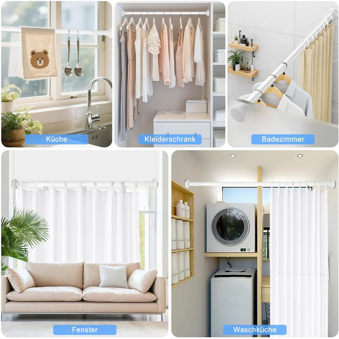 Регульована телескопічна штанга DEWEL для карнизів, душових кабін, без свердління, для штор, спальні, ванна кімната (діаметр 3см, 70-120см, білий)