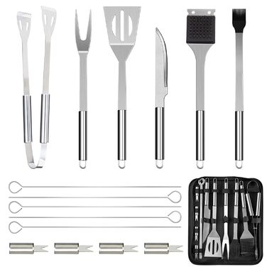 Набір гриля JUSTHERE 15 предметів: шампури, щипці, лопатки з нержавіючої сталі. Професійний аксесуар для BBQ, кемпінгу та дому. Чудовий подарунок для чоловіків