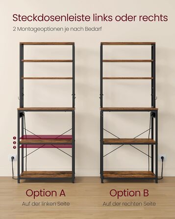 Стелаж кухонний VASAGLE з розетками, 6 полиць, гачки, сталевий каркас, 40x60x167 см, золотий дуб + білий