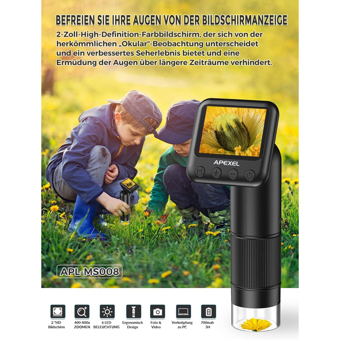 Дитяче ручне мікроскоп Apexel APL-MS008 з USB-камерою, 800x збільшення, з предметними скельцями