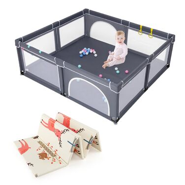 Манеж для дітей DREAMADE 206x185 см з 50 кульками та 4 ручками, захисна огорожа з 2 дверима, матрац з малюнком сіка-оленя, темно-сірий, для дому та вулиці