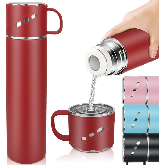 Термокухоль-термос із нержавіючої сталі 550 мл з кришкою-чашкою та ручкою, вакуумний термос 12 годин гарячим / 12 годин холодним, нековзний термос для кави в дорогу для спорту, роботи, школи, авто (червоний)