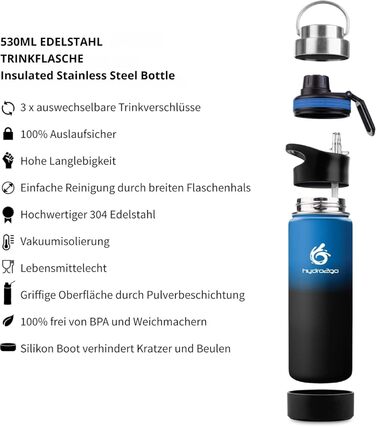 Stainless Steel Water Bottle – BPA-free Thermos Bottle for Kids, School, Sports & Outdoors – Keeps Drinks Hot for up to 12H and Cold for up to 24H – Includes 3 Drinking Caps – (Space, 530 ml)