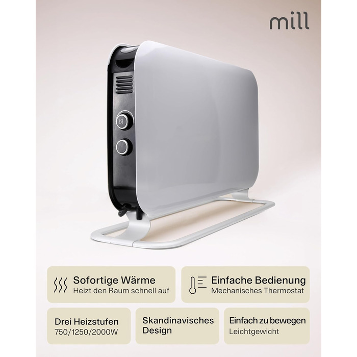 Електричний конвекторний обігрівач Mill MEC 2000W – 24-28 м², з термостатом, тихий, для дому