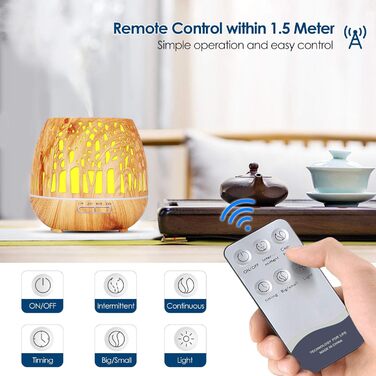 Дифузор Aroma Simpeak 400 мл, ультразвуковий аромадифузор з дерева для ефірних олій, зволожувач повітря з пультом дистанційного керування - дерев'яна різьба, світло-коричневий, легке дерево