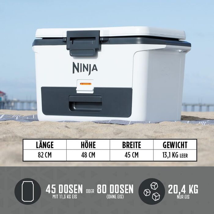 Ninja FrostVault Холодильник 47л, Преміум ізольована охолоджувальна сумка, зберігає лід до 6 днів, вбудований лоток для сухого льоду з температурою холодильника, вміщує 80 банок, сірий колір (FB151EUGY)