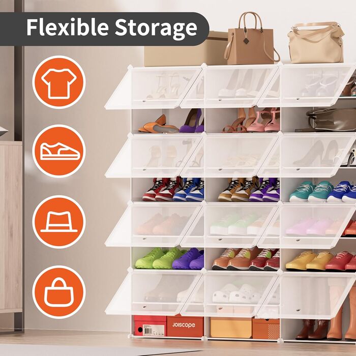 Plastic Shoe Cabinet, DIY Simple Shoe Rack, Narrow, with Door, Steel Frame, Stable, for Hallways, Bedrooms, Entryways, White with Transparent Door, 2 * 6