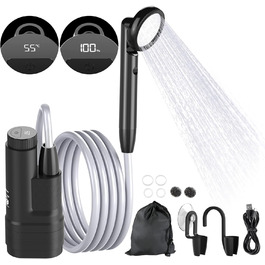 Portable Camping Shower with Pump - Rechargeable Battery Camping Shower Set with 1.8m Hose - Camping Shower Set for Garden, Camping, Car Washing, and Pet Washing (Digital Display)