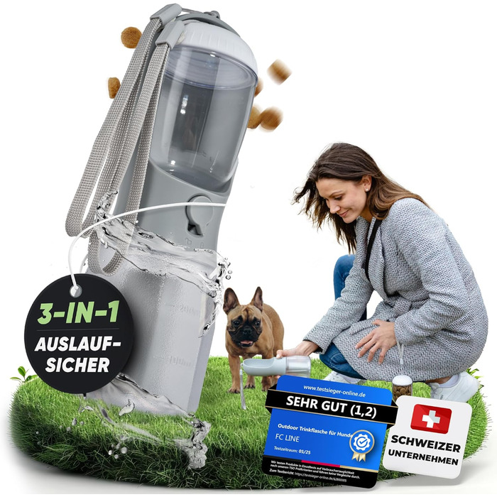 Поїлка для собак на прогулянці 300 мл - 3-в-1 (поїлка та миска) | Без витоку, BPA-free, з функцією повторного наповнення | Вода для маленьких та середніх собак сірого кольору 300 мл