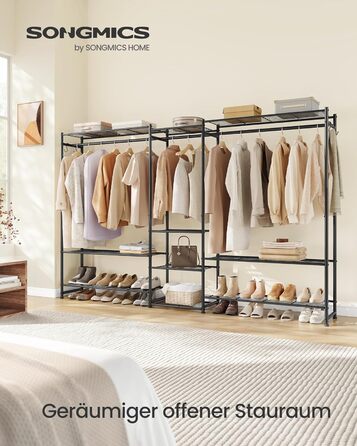 SONGMICS Стійка для одягу, відкритий шафа, вішалка для одягу з 10 полицями, 3 перекладинами, 4 гачками, металевий каркас, для спальні, вітальні, передпокою, чорний LGR011BZ01 206,4B см