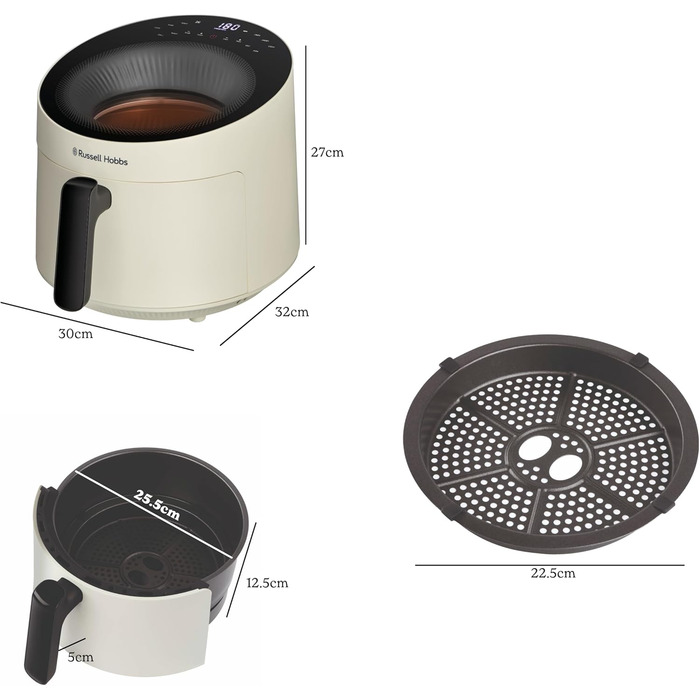 Russell Hobbs Hot Air Fryer 5L [10 Programs | with Viewing Window] AirFryer (Oil-free Frying, Frying, Grilling, Roasting, Baking, max 200°C, Dishwasher Safe, Cream) SatisFry Panoramic 27421-56