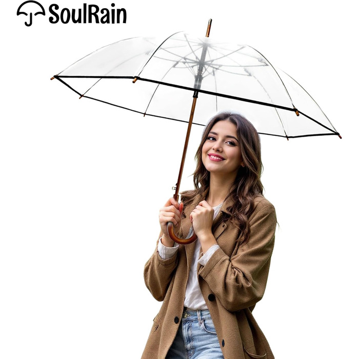 SoulRain Парасолька з класичною дерев'яною ручкою, автоматичне відкриття, вітростійка, прозора, незламна, 121.9 см