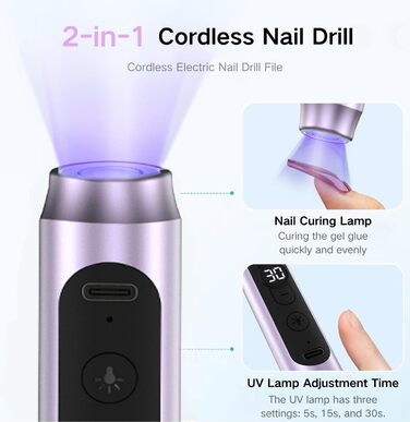 Електричний фрезер для нігтів бездротовий 12 в 1 професійний, манікюр/педикюр, USB, 9 швидкостей, 20000 об/хв (фіолетовий)