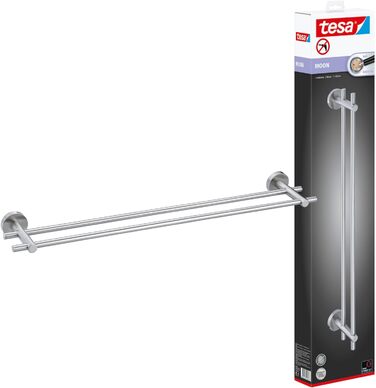 tesa Moon Double Towel Rail, Chrome - Towel Holder with 2 Bars - for Wall Mounting without Drilling, incl. Adhesive Solution - 640mm x 49mm x 115mm
