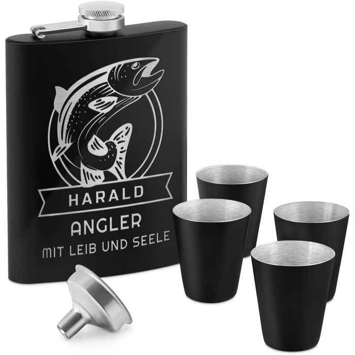Набір Maverton Flachmann Set: фляга 200 мл з гравіюванням + 4 стаканчики 20 мл з воронкою, чорний матовий, з зображенням риби
