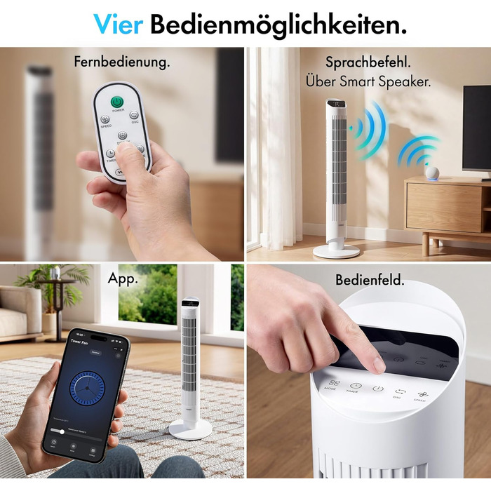 VonHaus Турмовентилятор 102 см, Електричний вентилятор зі WiFi, Управління Alexa/Google Home, Пульт, Таймер 12 год, Обертання 70°, для дому та офісу, Білий