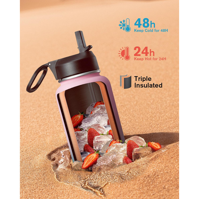 Термопляшка Coolflask 2л з соломинкою та 3 кришками, нержавіюча сталь, для спорту та офісу, герметична (Bubble Gum)