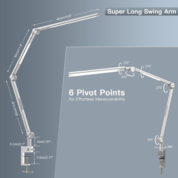 LED лампа для столу VERSKI 18W з регулюванням яскравості та 5 колірними температурами. Захист очей, для офісу та дому. Кріпиться на стіл.