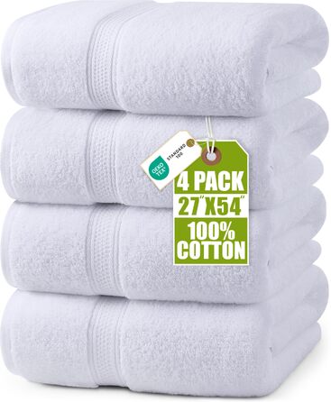 Набір білих банних рушників Utopia Towels, 100% бавовна, 69 x 137 см, 4 шт — м'які та гігроскопічні рушники для душу з петлею для підвішування