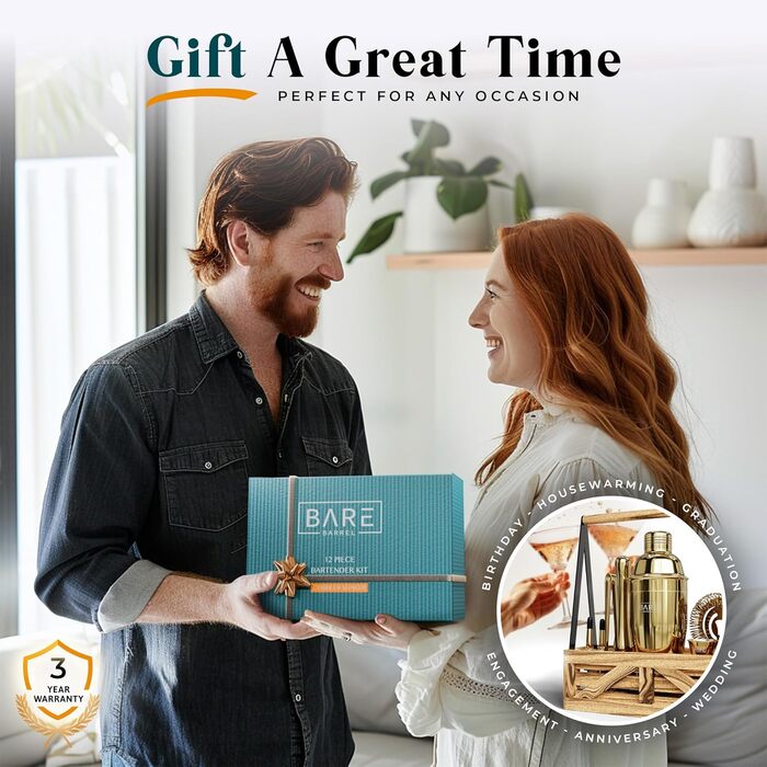 Набір бармена для приготування коктейлів, 12 предметів: шейкер, інструменти, підставка, рецепти. Преміум якість, подарунковий набір для дому (Золотий, 680 мл)
