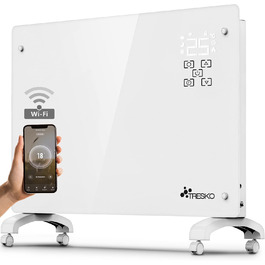 Конвектор TRESKO® 2000W з Wi-Fi, LED-дисплеєм та таймером | Електрична скляна панель опалення | Білий | 2000 Вт