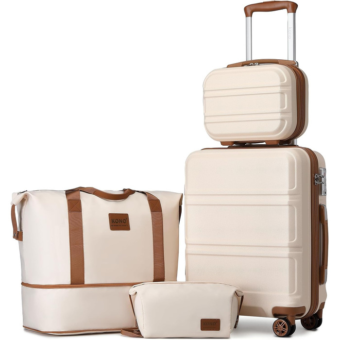 Набір валіз KONO 4 в 1: велика валіза, ручна поклажа 55 см, косметичка та сумка для подорожей (кремово-білий)