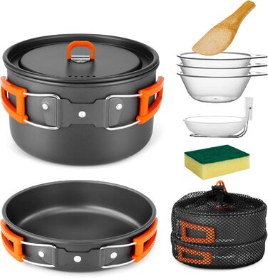 Odoland Camping Cookware Set, 9-Piece Outdoor Dish Set with Camping Pot, Camping Frying Pan for Camping, Outdoor Cooking, Hiking, and Travel