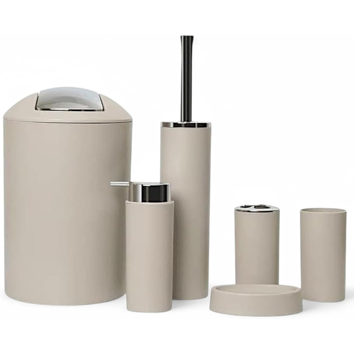 Набір аксесуарів для ванної кімнати 6tlg Badset: мильниця, стакан для зубних щіток, відро для косметики, щітка для унітазу з тримачем, мильниця, сміттєвий бак, тримач для зубних щіток, набір для ванної кімнати (бежевий дизайн 2a)