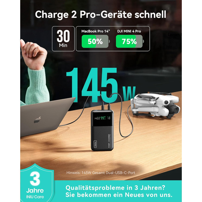 Power Bank INIU 140W 25000mAh з USB-C: зарядка для MacBook, iPad, iPhone, DJI, камери. Ідеально для подорожей та офісу